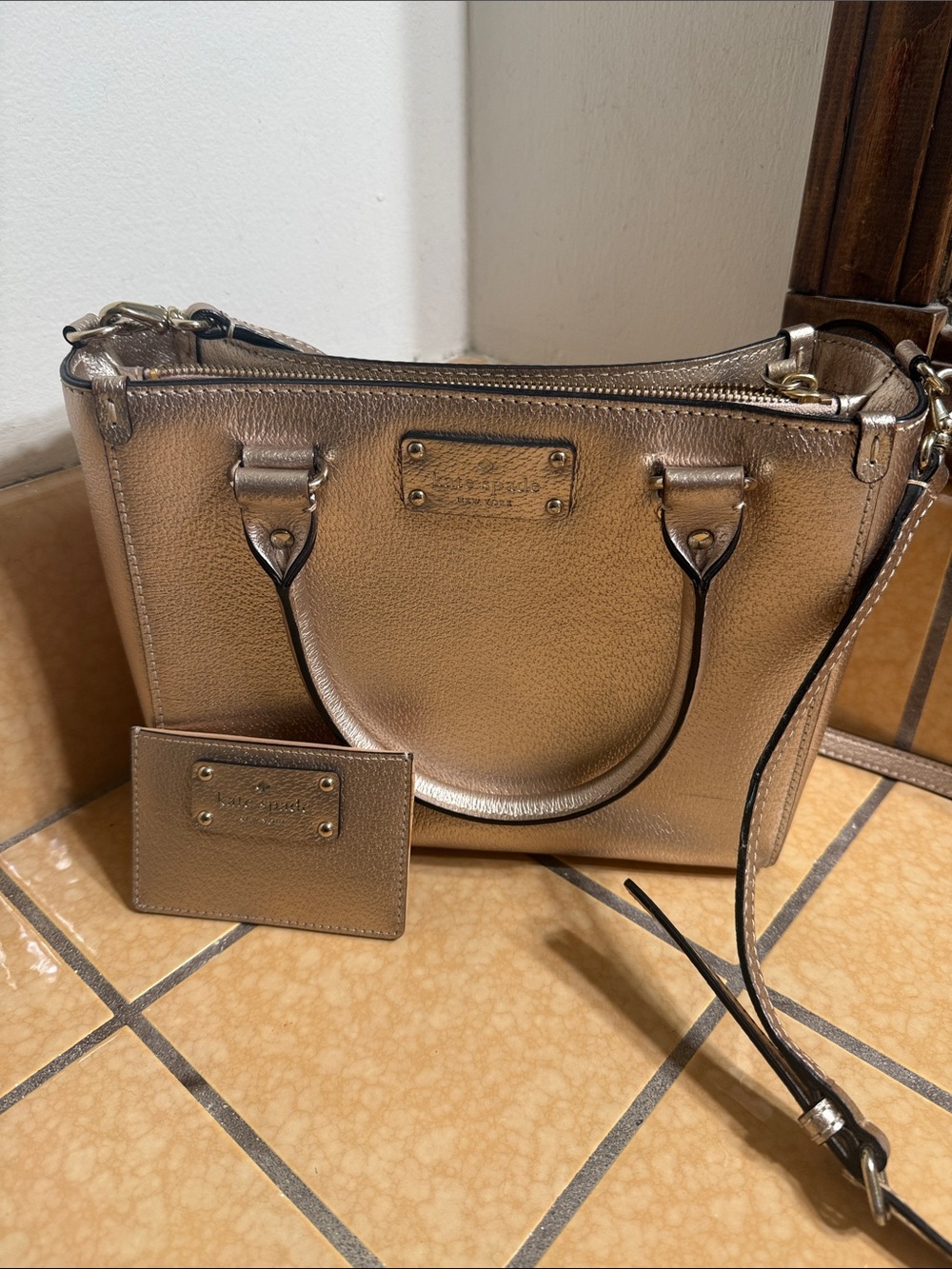 Metallic Gold Leather Tote with Card Case - Kate spade